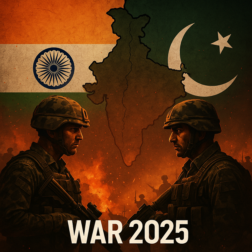 An artistic representation of the India-Pakistan War 2025 showing two soldiers against a backdrop of national flags and a divided subcontinent.